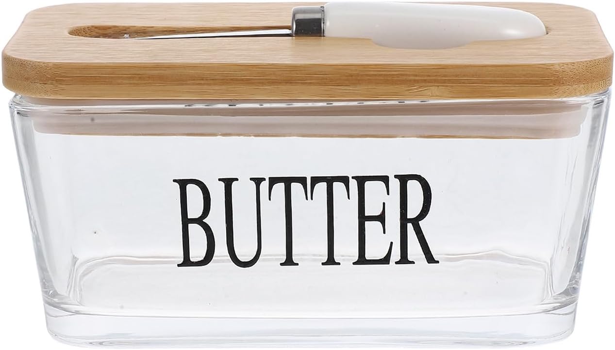 Glass Butter Keeper with Lid and Knife, Airtight Refrigerator Butter Dish for Kitchen Counter Storage, 1pcs Set