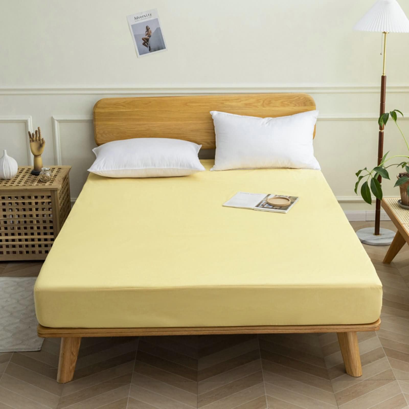 Prześcieradło z gumką i 2 poszewkami na poduszki (150 x 200 cm), komplet pościeli dwuosobowej - jednolity kolor, prześcieradło na łóżko jednoosobowe żółty