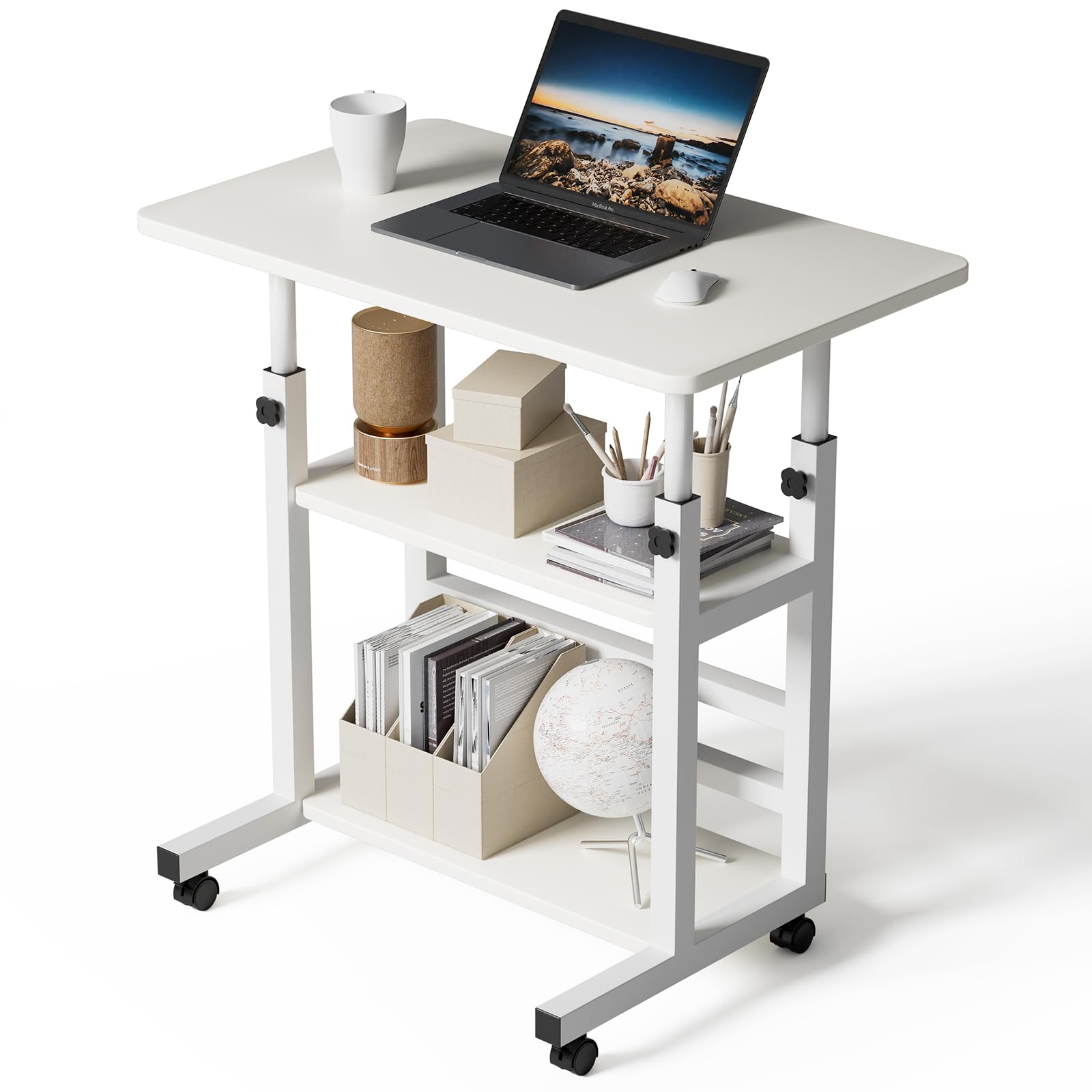 Warmiehomy Adjustable Height Computer Desk with Wheels, C Shaped Laptop Table with 2 Shelves, Overbed Table for Bedroom, Sofa, Home Office, Living Room 60x37x60-90cm, White — image 1