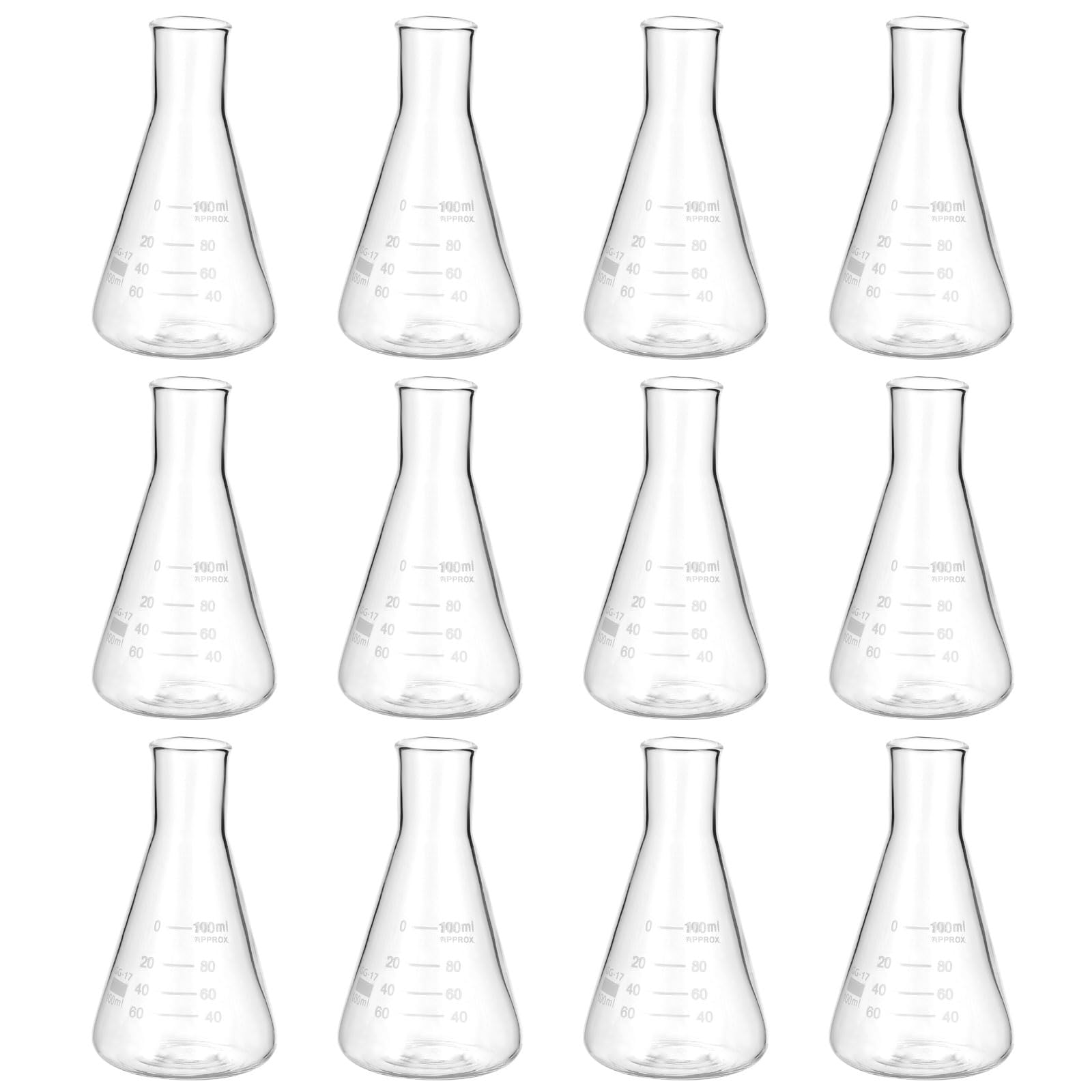 PATIKIL Fiole Erlenmeyer, 12 Pcs 100ml 3.4oz Col Étroit Fioles Graduées Verre Borosilicate Avec Graduation Imprimée Pour Laboratoire Expérience Chimie Étude Scientifique