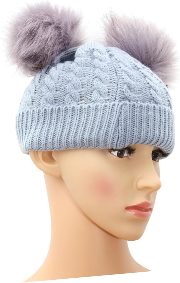 VANZACK Kids Baby Twisted Knit Hat Double Hairball Woolen Yarn Winter Grey
