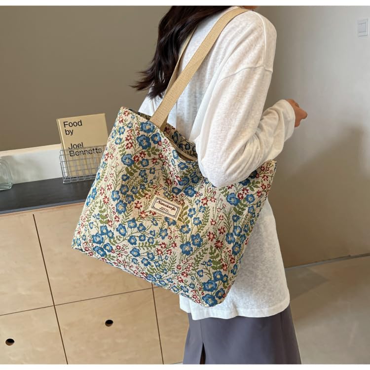 Bolsa tote de tela con diseño bohemio y floral, color azul miniatura 1