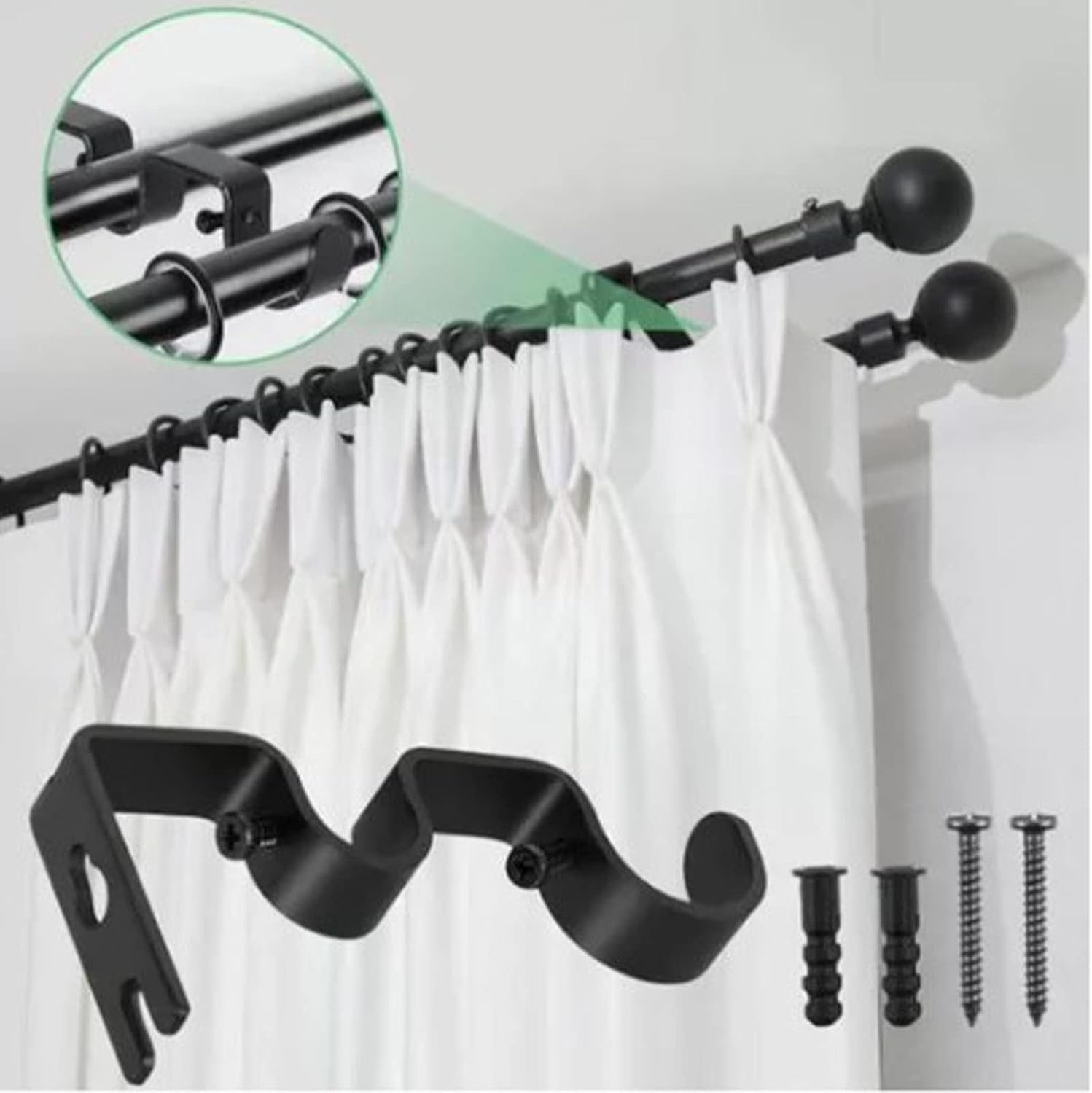 Black Curtain Rod Bracket, 3Pcs Double Curtain Rod Bracketsheavy Duty Curtain Rod Holders for Home Curtain Rods Wall Bracket Hooks