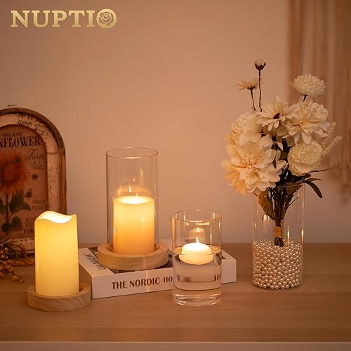 Miniatura 6 de NUPTIO Candelabros de cristal Hurricane juego de 2 jarrones cilíndricos transparentes con base de placa de madera para pilar velas flotantes jarrón