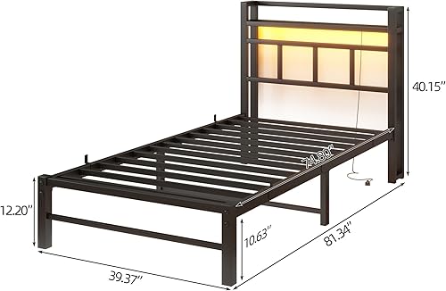 Miniatura 2 de Base de cama individual con cabecero, base de cama individual con estación de carga y luces LED, plataforma de metal, tamaño individual, no necesita