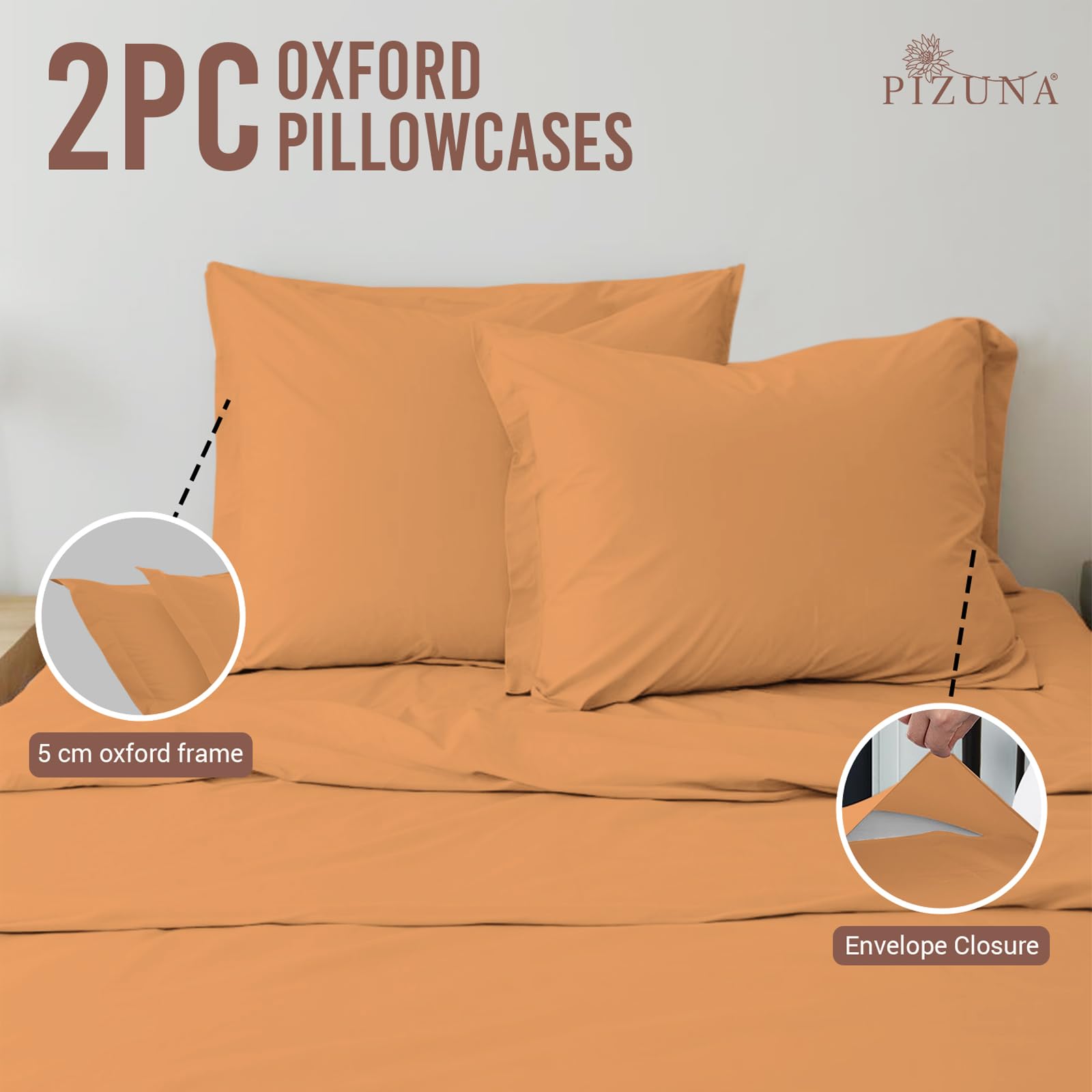 Pizuna 100% Cotton Long Pillow Cases 2 Pack 50x90cm King Size Pillow Covers Apricot Orange - Image 3