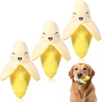 3 PCS Dog Squeak Toys Yellow Banana Plush Squeeze Squeaker Puppy Dog Plush Chew Toys Self Etertainment Washable Soft Made Durable Best Birthday Gift Ideal for Toy Destroyers