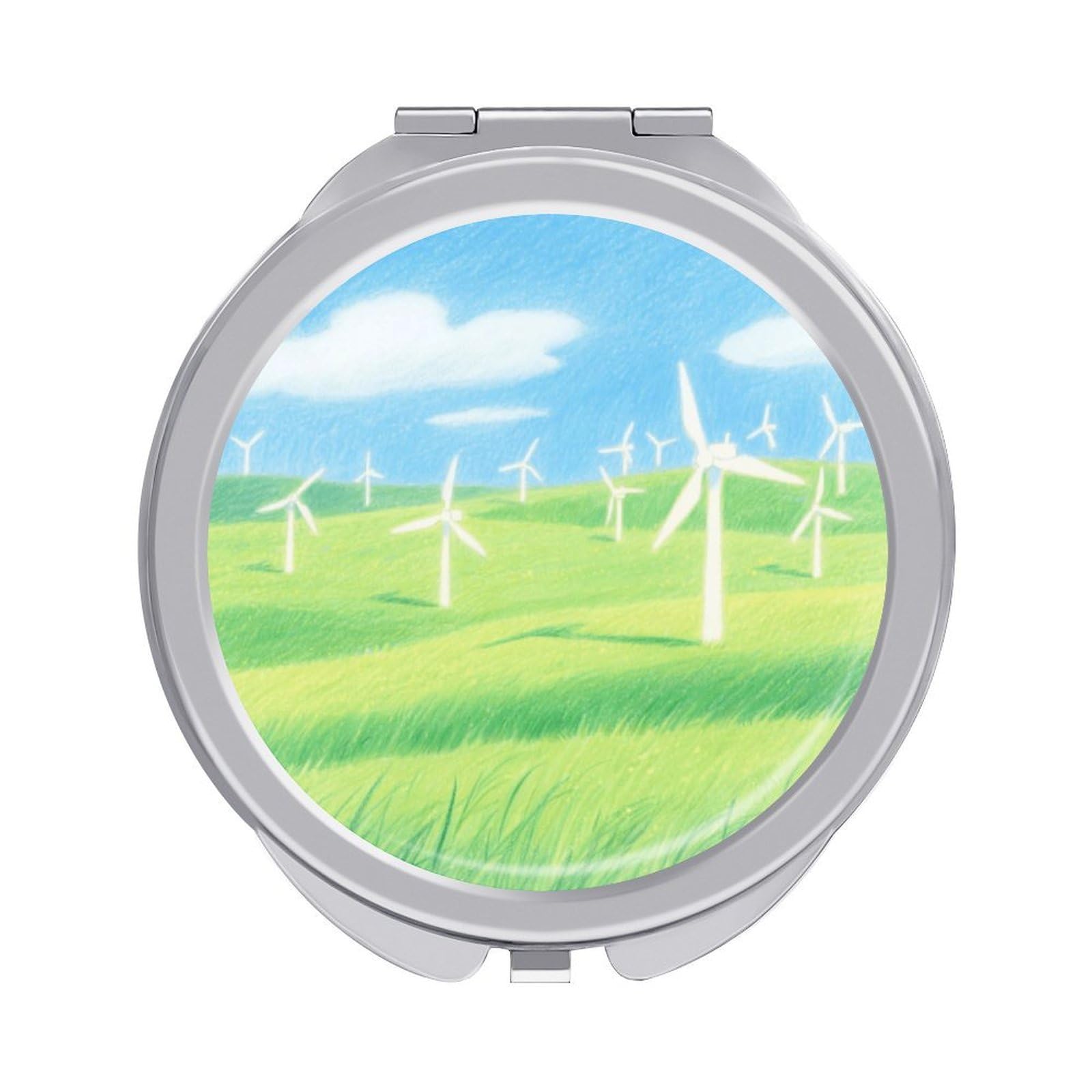 Fekiloot Style Grassland Windmill Group Travel Makeup Mirror Handheld Compact Mirror Portable Pocket Mirror Double-Sided 1X/2X Magnifying For Handbag And Purses