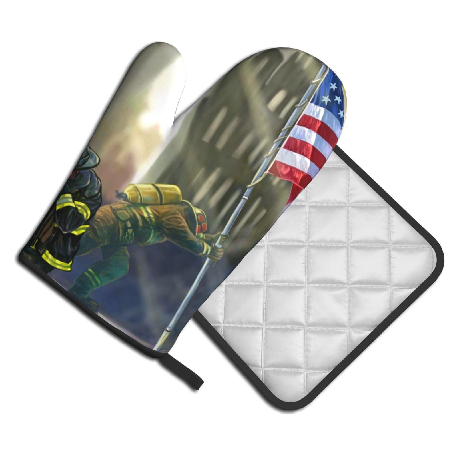 Oven Mitts and Pot Holders Set of 2 Pcs, Patriotic Firefighter Printed Heat Resistant Kitchen Gloves Potholders for Cooking Baking Grilling