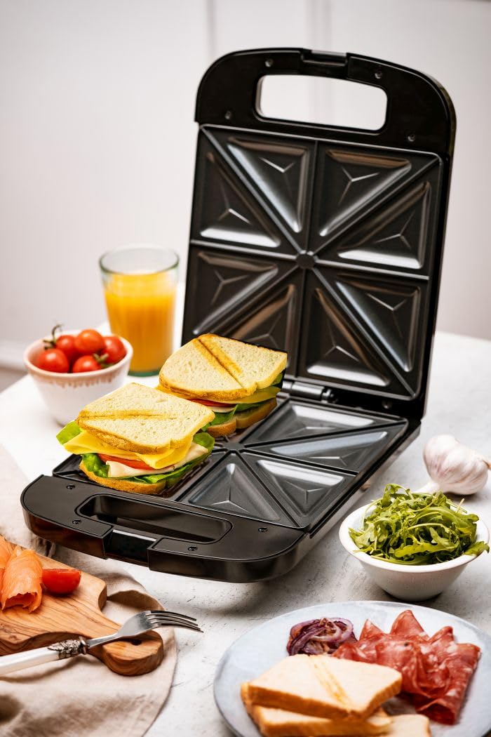 ADLER EUROPE AD 3055 Sandwich Maker 2000W – 4 Sandwiches, Antihaftbeschichtete Platten, Thermostat, Kontrollleuchten, Aufrechte Aufbewahrung, Cool-Touch-Griff, Schwarz