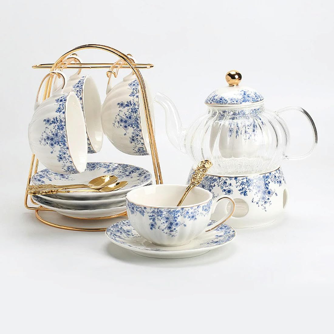 Service à thé de l'après-midi de Style Anglais, théière à Fleurs, Tasse à thé en Verre, Tasse à café et Soucoupe en Porcelaine Bleue et Blanche