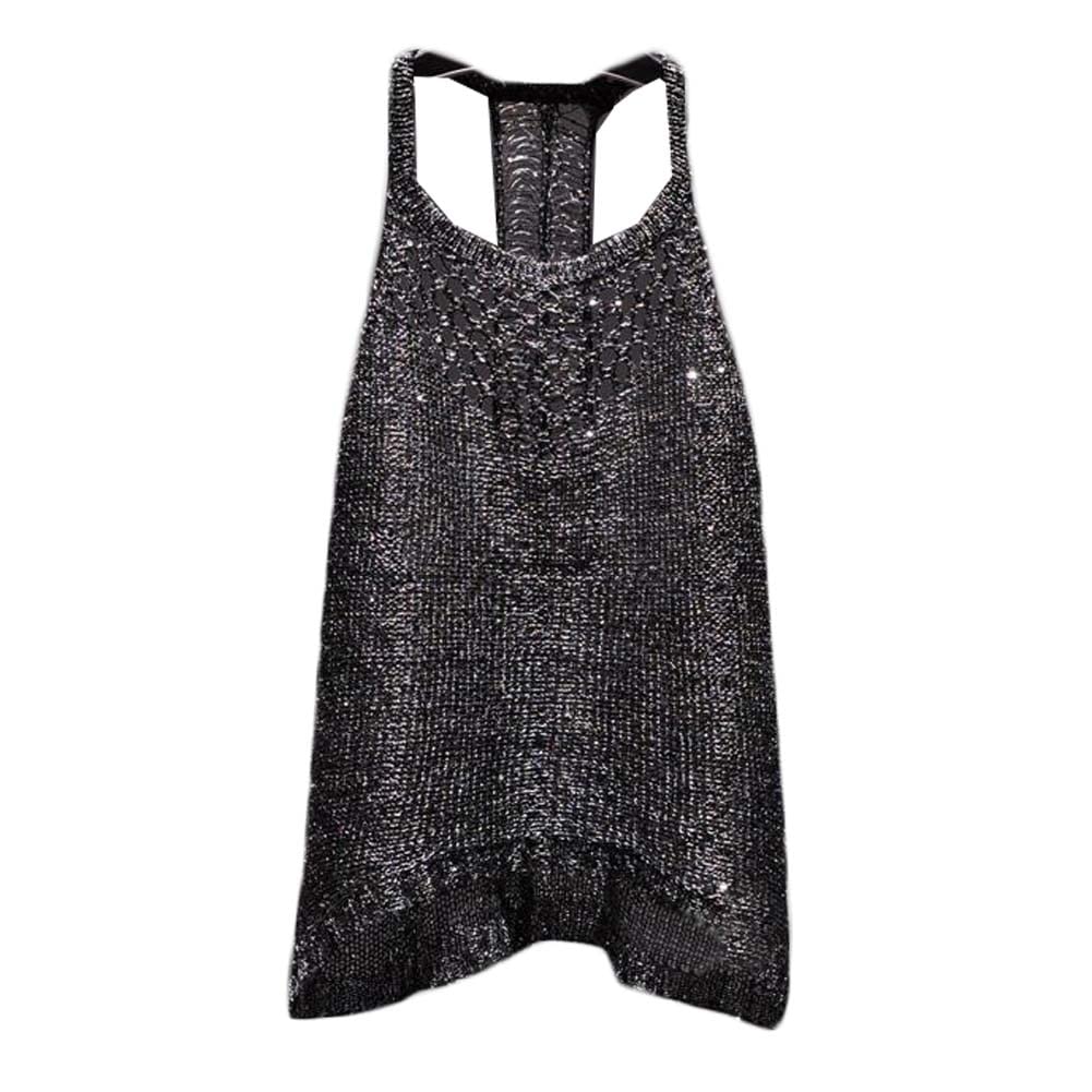 Sexy Hollow Sequins Tank Top See-Through I-Back Halter Neck Camisole Sparkle Vest