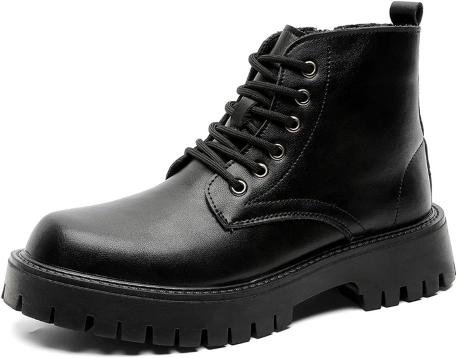 Men's Black Leather Combat Boots, Stylish Lace - Up & Zipper Ankle Boots with Chunky Sole for Casual & Outdoor Wear
