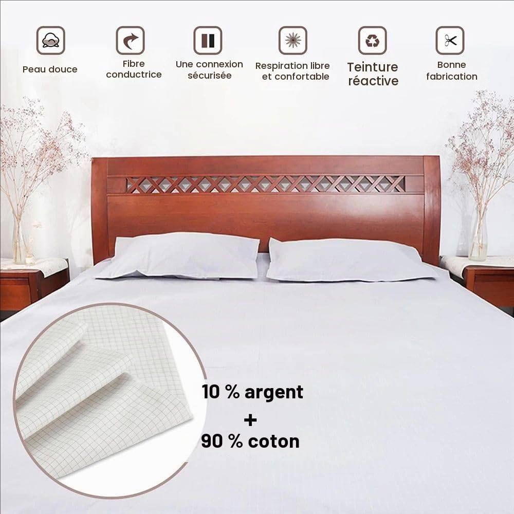 Drap De Mise à La Terre,Feuille De Tapis De Mise à Laterre avec Câble De Raccordement à La Terre,Drap De Lit 10% Fibre d'argent Pur Et 90% Coton Biologique,pour Un Sommeil Réparateur,99 x 203 cm