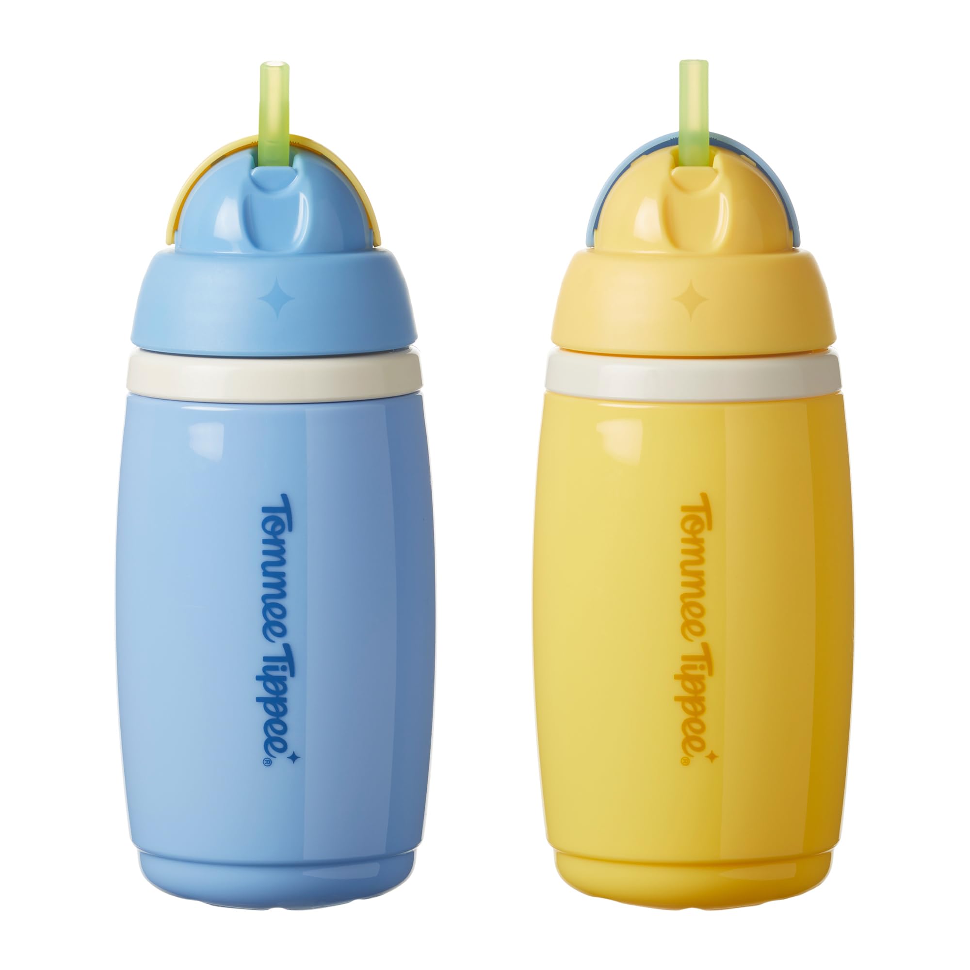 Tommee Tippee Isolierter Aktive-Trinkbecher mit Trinkhalm, 266 ml, verschüttungssichere Wasserflasche für Kleinkinder ab 12 Monaten, Klappdeckel über Trinkhalm, Blau und Gelb, 2 Stück