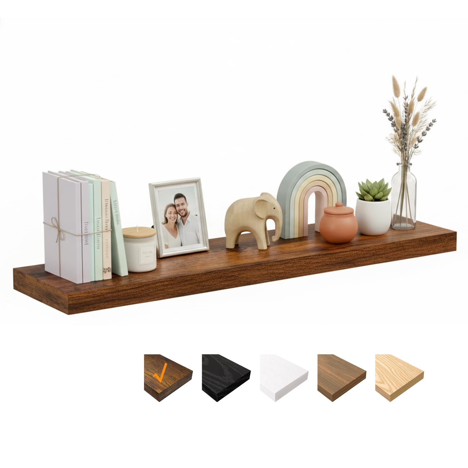 RICHER HOUSE Brown Floating Shelves for Wall, 120 x 23.5 x 3.8 cm Wooden Shelves, Wall Decor with Invisible Brackets for Bedroom, Living Room, Bathroom, Kitchen, Laundry, Office