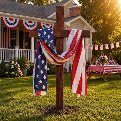 6ft Extra Large Patriotic Wood Cross with America Flag Ribbons Patriotic Decorations 4th of July Standing Cross Christian Yard Porch Sign Decor for 250th Anniversary Memorial Day Indoor Outdoor Decor