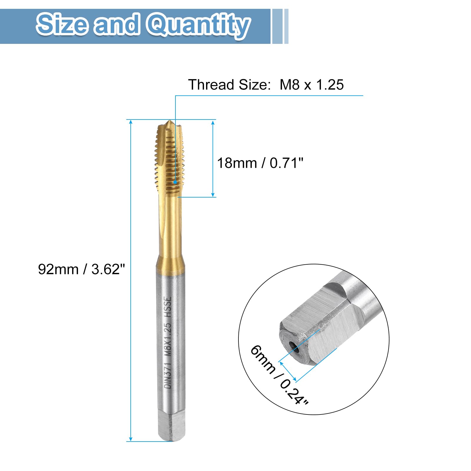 uxcell Spiral Point Plug Threading Tap M8 x 1.25 Thread, Ground Threads H2, M35 High Speed Steel Cobalt, Titanium Nitride Coating, Metric Screw Taps Tapping Bit for Thread