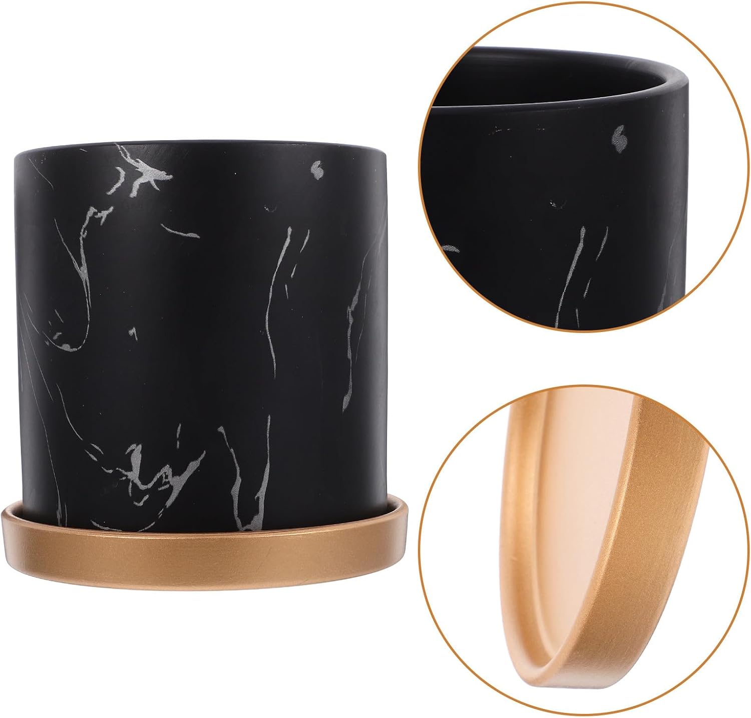 Cylindrical Ceramic Flowerpot with Marble Vein Pattern and Saucer, 15x15x15cm Succulent Planter for Indoor Desktop Gardening