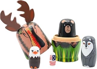 UNIORNA Hand Carved & Hand Painted Cartoon Animal Shaped Russian Nesting Dolls Matryoshka Dolls Adorable Cute Novel Gift Present for Adult Lover Family Friends Set of 5 (Antlered Moose)