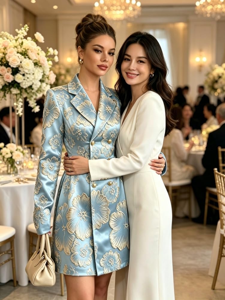 Womens Floral Jacquard Blazer Dress Double Breasted Gold Button Slim Fit A-Line Mini Dress Wedding Guest Formal Dress