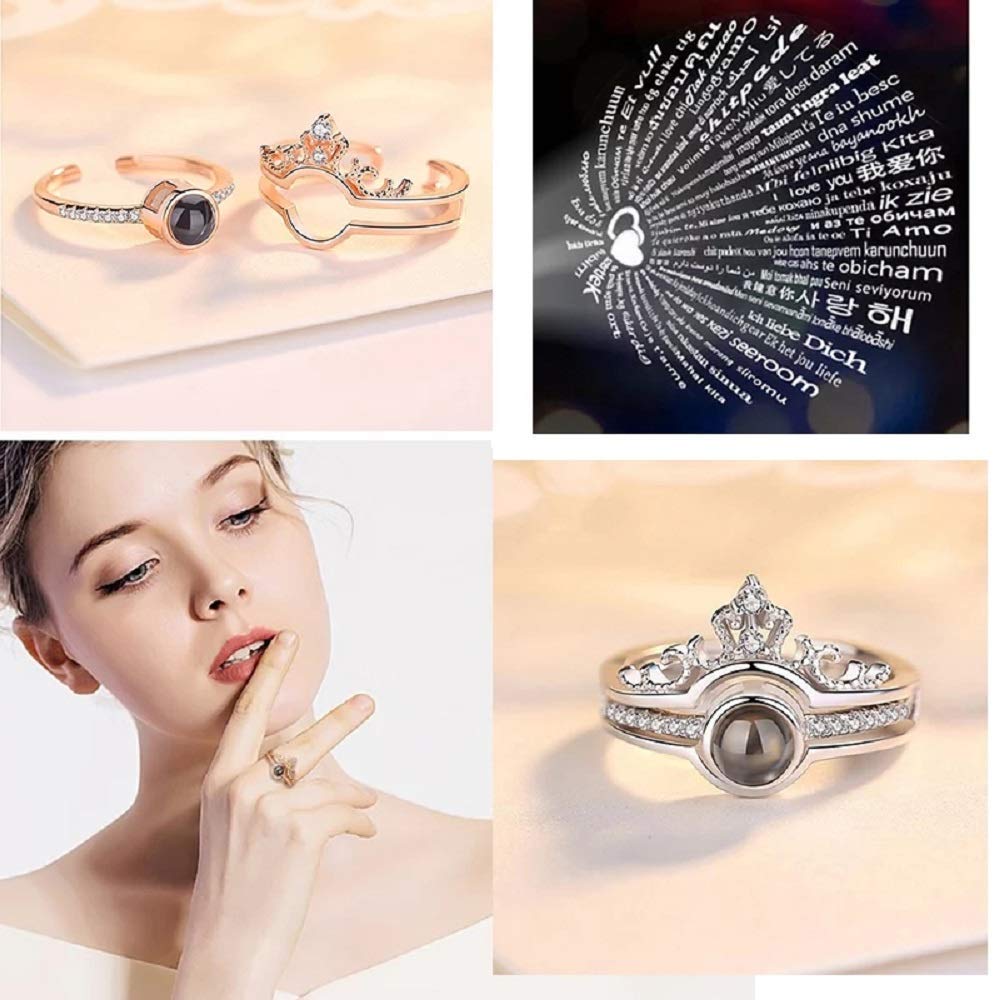 Rose Silver I Love You Ring 100 Languages Crown Rings for Couples Girls