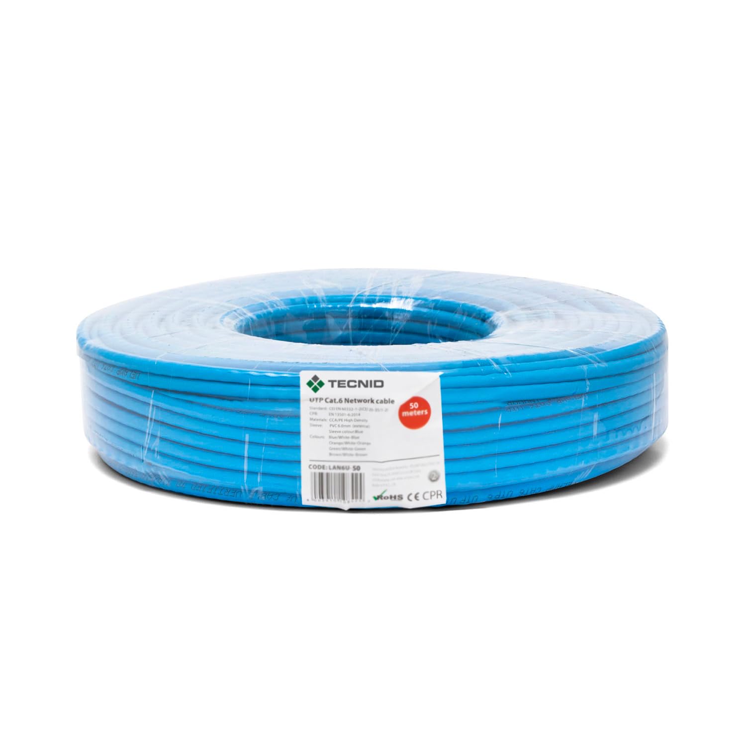 Câble réseau Ethernet | CAT6, AWG24, CCA, UTP, RJ45 | Bobine réseau | Bleu (50 mètres) | Pour la maison et le bureau