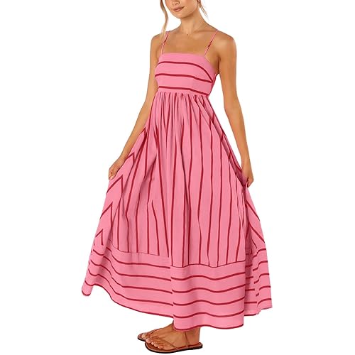 chouyatou Women's Striped Back Smocked Maxi Dress Sexy Spaghetti Strap Cut Out Flowy Swing Long Dress