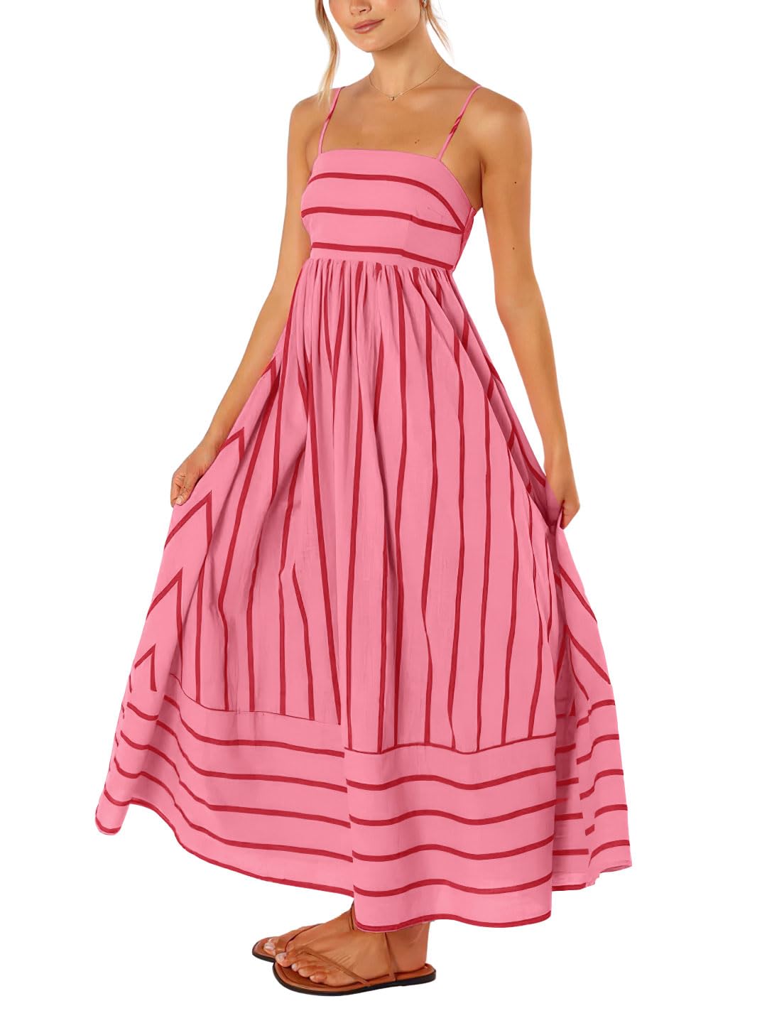 chouyatou Women's Striped Back Smocked Maxi Dress Sexy Spaghetti Strap Cut Out Flowy Swing Long Dress
