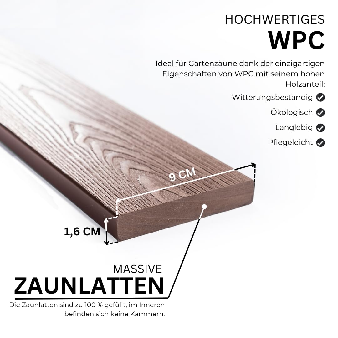 Mega Holz WPC Zaunlatten Paket BRAUN 120 cm - 10x Zaunbrett mit runden Kopf & Holzmaserung - langlebig, Witterungsbeständig, Pflegeleicht & massiv - Wetterfeste WPC Bretter für den Garten & Balkon