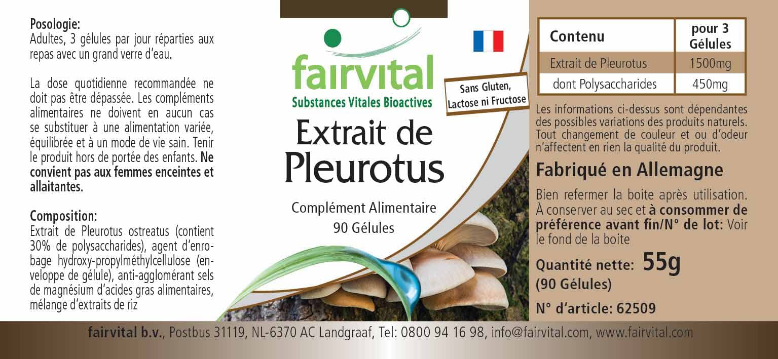 fairvital Estratto di Pleurotus 500 mg, 90 capsule, facili da deglutire, ALTO DOSAGGIO, Pleurotus ostreatus (fungo ostrica), 30% di polisaccaridi, VEGANO