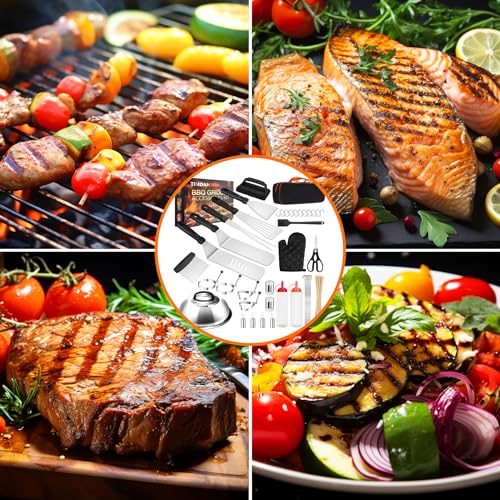 143Pcs Griddle Accessories Kit, BBQ Grill Tools, Flat Top Grill Accessories Kit for Camping, Barbecue Outdoor Indoor Grill Set, TIMDAM Portable Grill Utensils with Spatulas, Scraper, Skewers