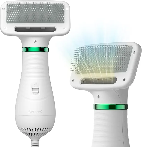 Dog Hair Dryer, 2-in-1 Dog Blow Dryer with Slicker Brush, 300W Pet Hair Dryer for Small and Medium-Sized Dogs and Cats, Dog Grooming Dryer Portable & Adjustable Temperature