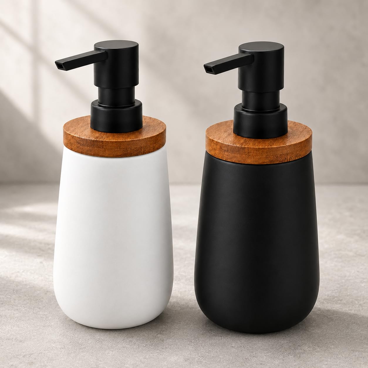 Store2508 Ceramic Liquid Soap Dispenser with Wooden Lid and Plastic Pump, 350 ml Matte Refillable Lotion Bottle for Bathroom Kitchen Countertop (2 Pc (Black + White))-image-16