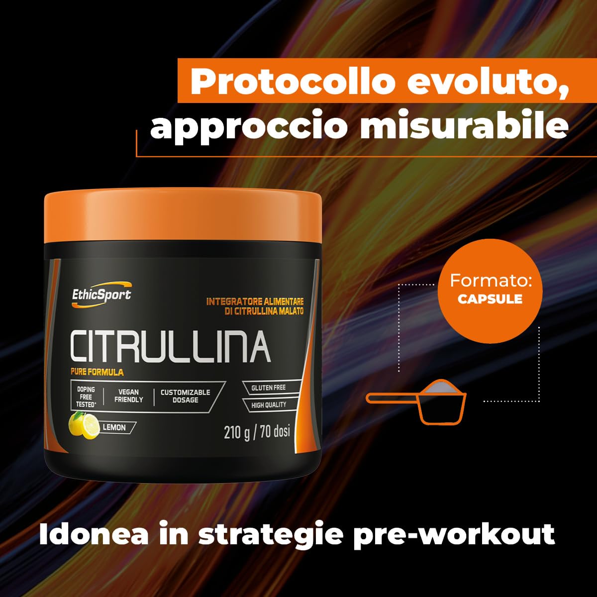 Citrullina EthicSport – Citrullina Malato 2:1 di alta qualità – Polvere solubile o Capsule vegetali – gluten free, vegan friendly – doping free tested* - Barattolo da 210 g