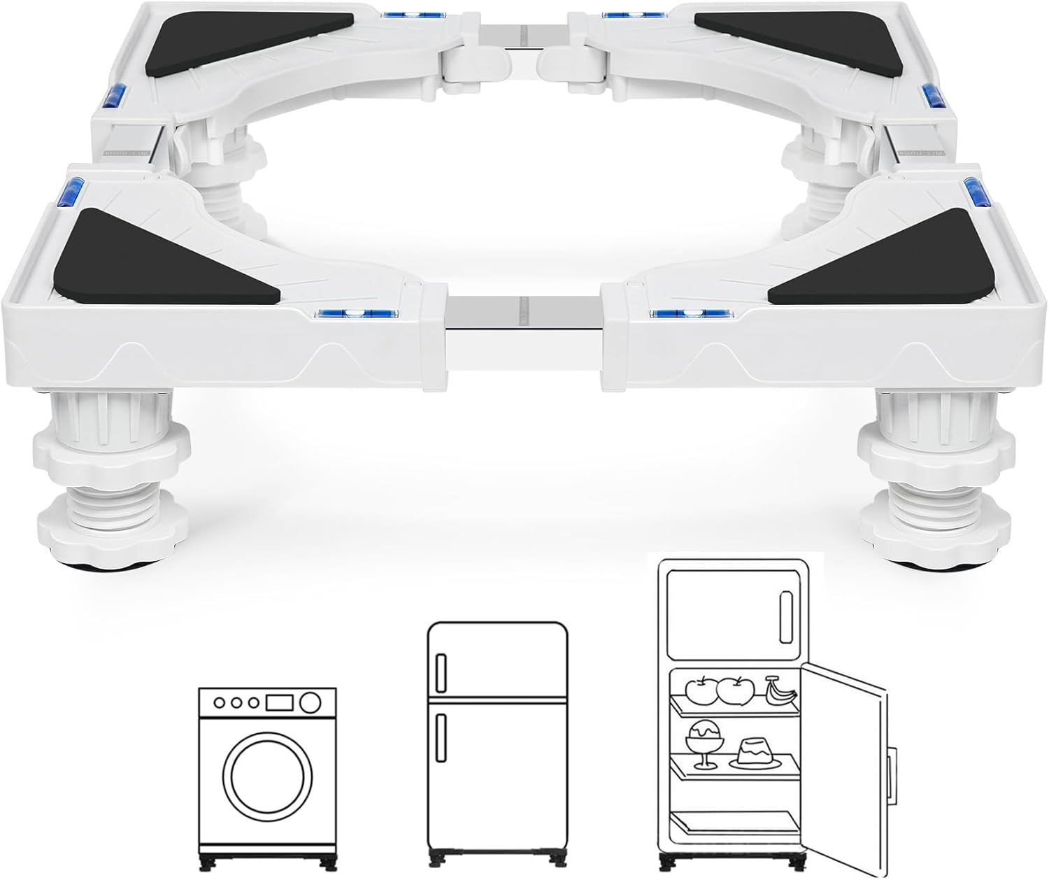 Supporto per Lavatrice con 4 Piedini, Base per Lavatrice Regolabile in Altezza da 10-12.5cm, Carrello Lavatrice con Carico Massimo di 200 KG,Base Lavatrice Antivibrazione,Frigorifero,Bianco