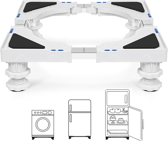Support Machine à Laver avec 4 pieds rembourrés verrouillables, Réglable Largeur 40-62cm et Hauteur 10-12.5cm, Socle Lave Linge Charge 200KG, Bases de Réfrigérateur et Sèche-Linge, Blanc
