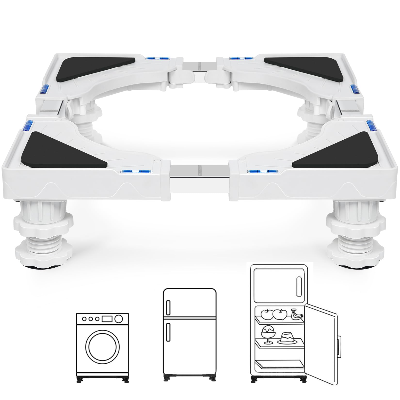Soporte Lavadora Secadora con 4 Patas Suspendidas con Cierre, Ancho Regulable 40-62cm y Altura 10-12.5cm, Base para Lavadora Alta Carga 200KG, Base de Muebles y Exterior, Blanco