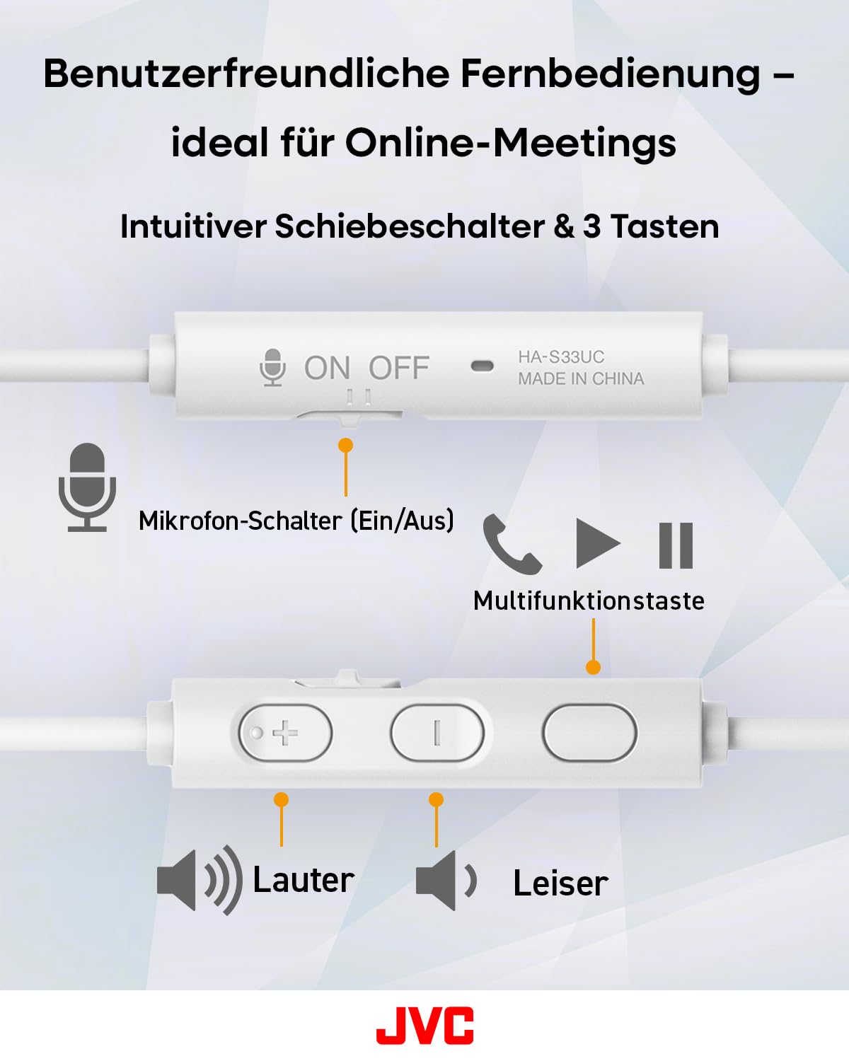 JVC HA-S33UC-W USB-C On-Ear-Kopfhörer, weiche Ohrpolster, faltbar, mit Mikrofon & 3-Tasten-Fernbedienung, einseitiges Kabel, Weiß