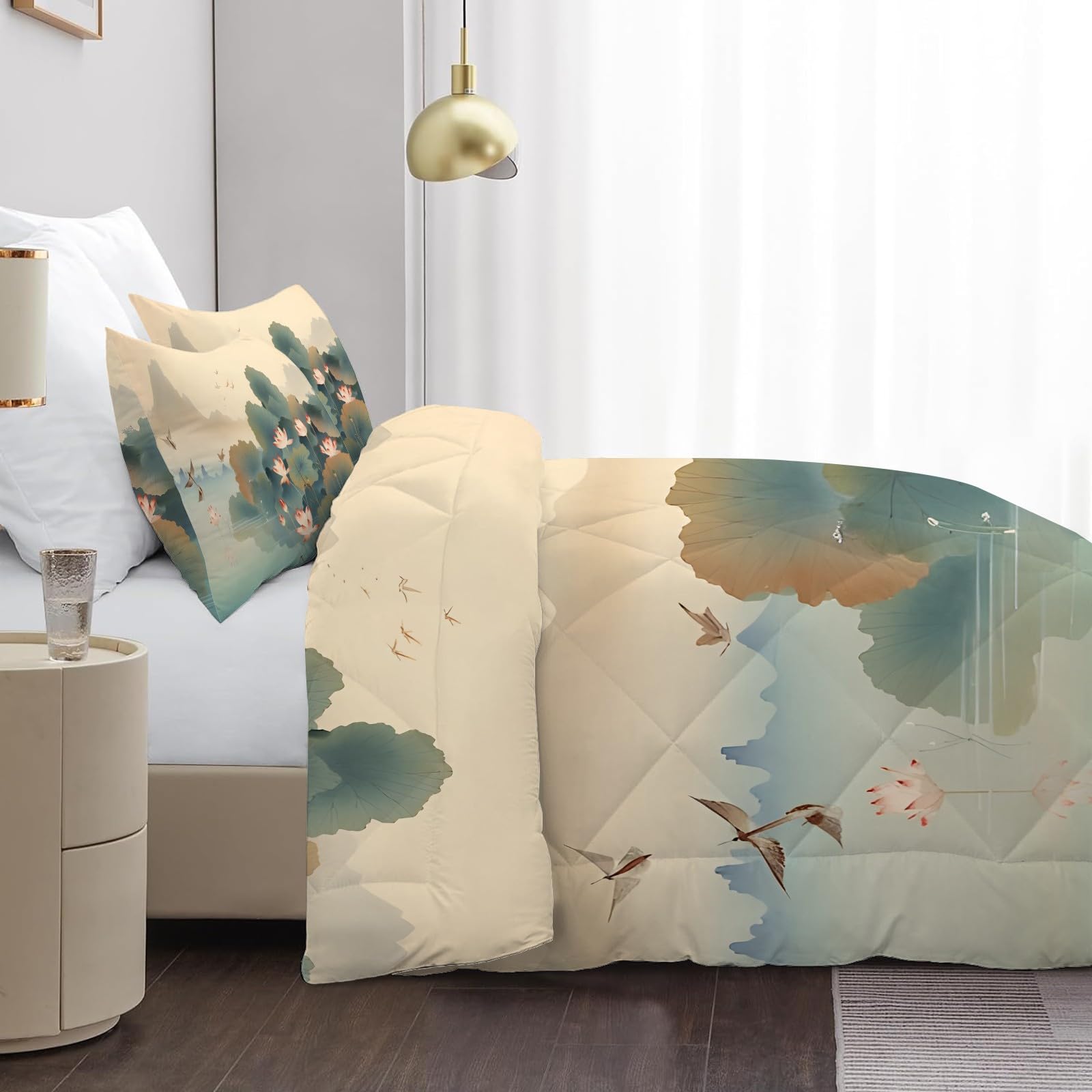 Edredon Nordico Cama 180 Loto, Relleno Nordico 240x260 de Microfibra, Edredón 4 Estaciones Reversible Acuarela, Edredones Estampados Botánico con 2 Fundas de Almohada 50x75 cm U-754
