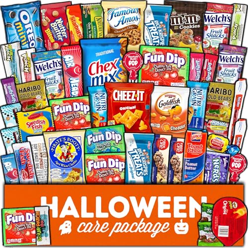 Halloween Candy Snack Box Gift (50ct) Care Package Basket Candies Kids Children Adults Cookies Food Variety Pack Bundle Mixed Bulk Sampler Girls Boys Guys Men Women Boyfriend Girlfriend College Student