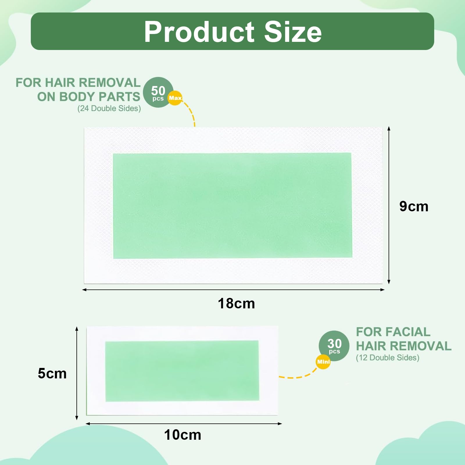 72 Piezas Bandas Depilatorias, Bandas para Depilación Con Cera, Cera Fría, Formulación Suave, Tiras Depilatorias Cera, para Piernas, Brazos y Zona Bikini, Verde