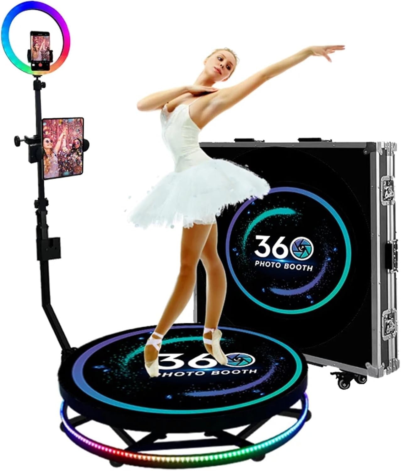 FotoCabina 360° con Telecomando e Custodia, Cabina Video Slow Motion per Feste e Matrimoni, Supporto Multi-Dispositivo e Luce Anello - Strumento Professionale per Eventi e Social Media,100cm