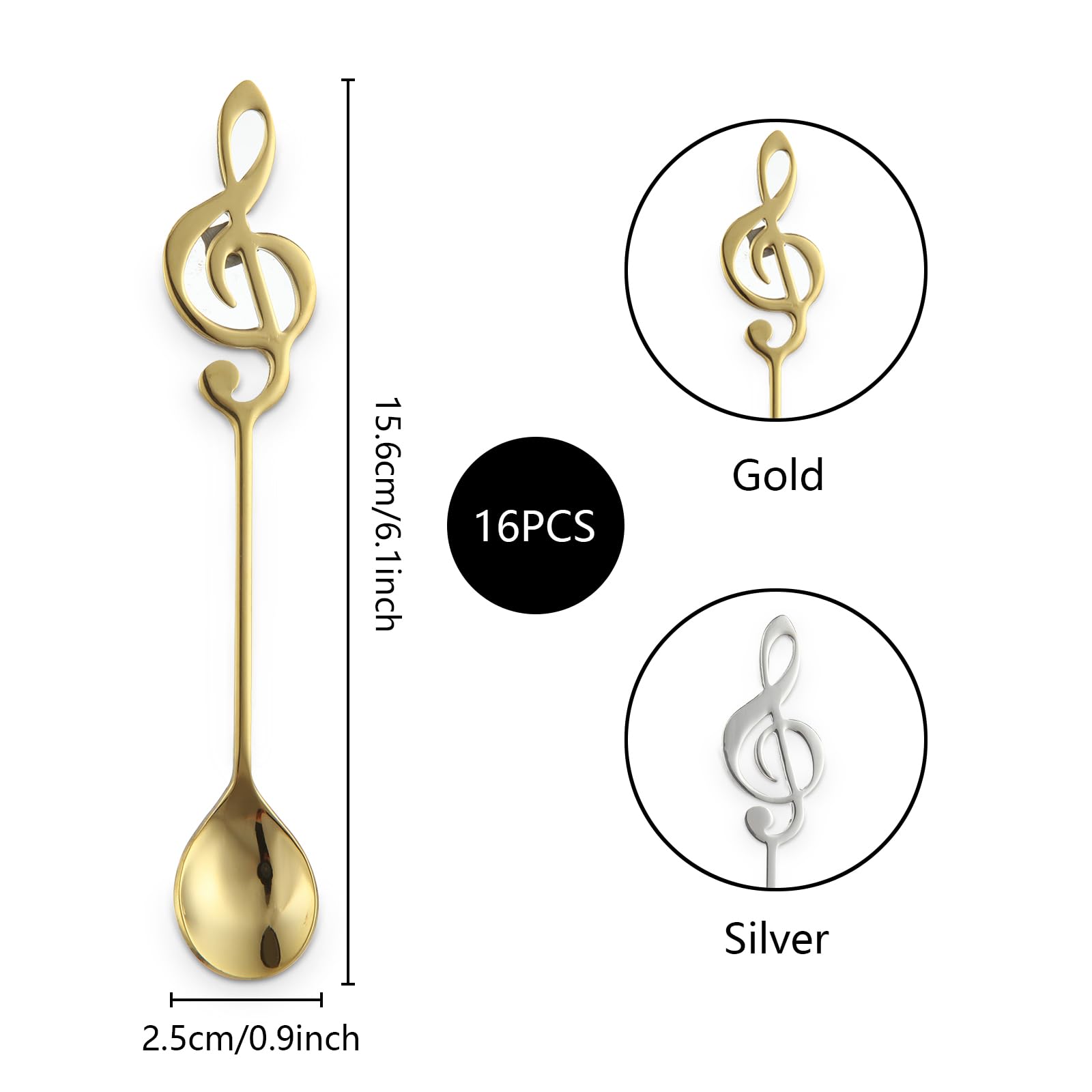 MIVIDE Lot De 16 Cuillères à Café En Acier Inoxydable - Note De Musique - Cuillères Décoratives Pour Musiciens, Café, Thé, Dessert (argent Et Doré