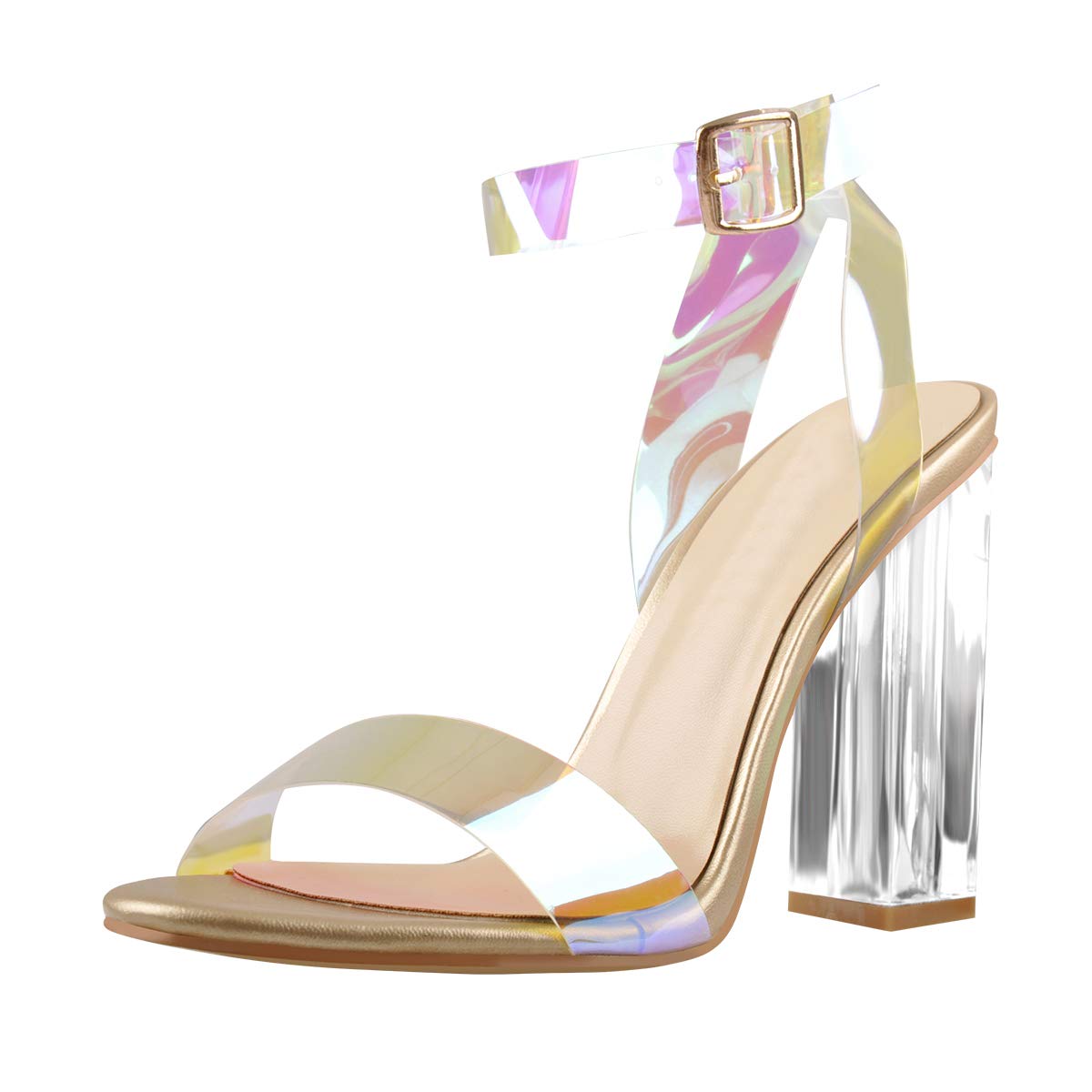 Richealnana Women's Clear PVC Ankle Strap Sandals Chunky Heel Transparent Dress Shoes - 15 - Holographic