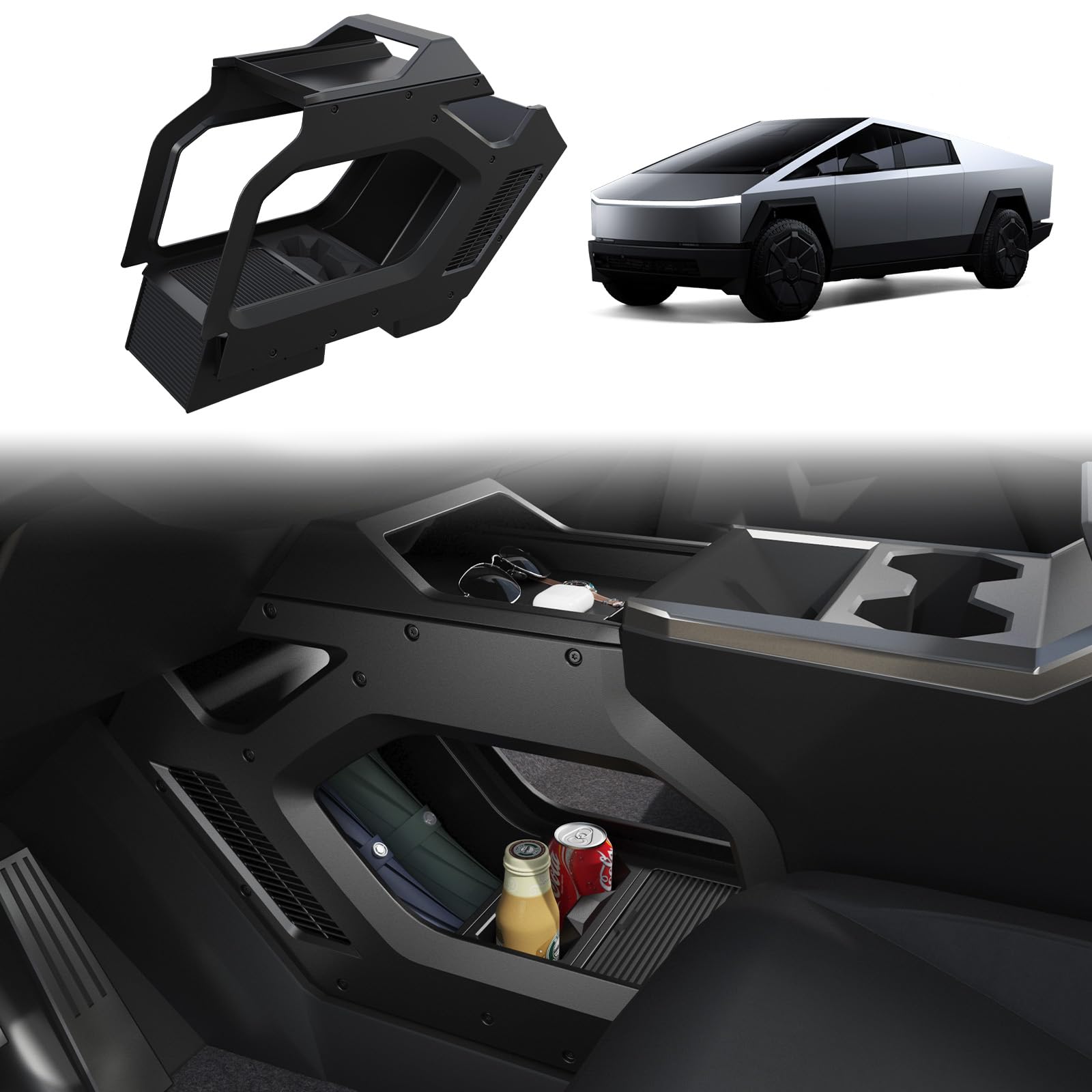Teslink Cyber Truck Center Console Organizer 2023–2026, Double-Layer Lower Tray Storage Box System, Custom Fit Interior Cyber Truck Accessories