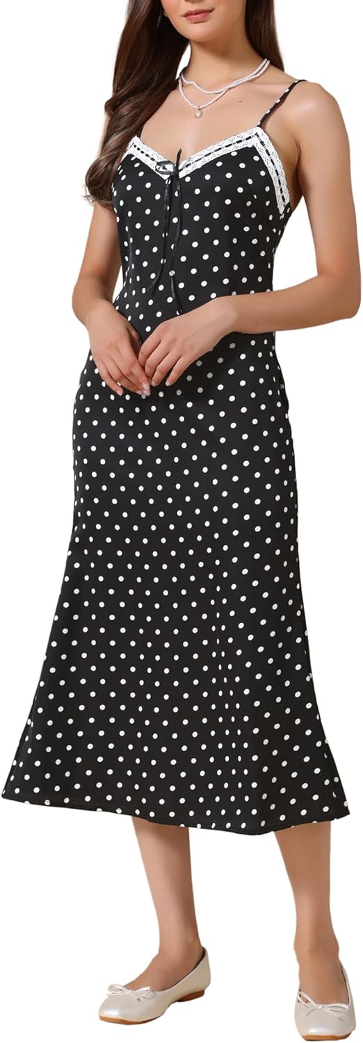 Allegra K Polka Dots Dress for Women Summer Sleeveless V Neck Spaghetti Straps Midi Dresses