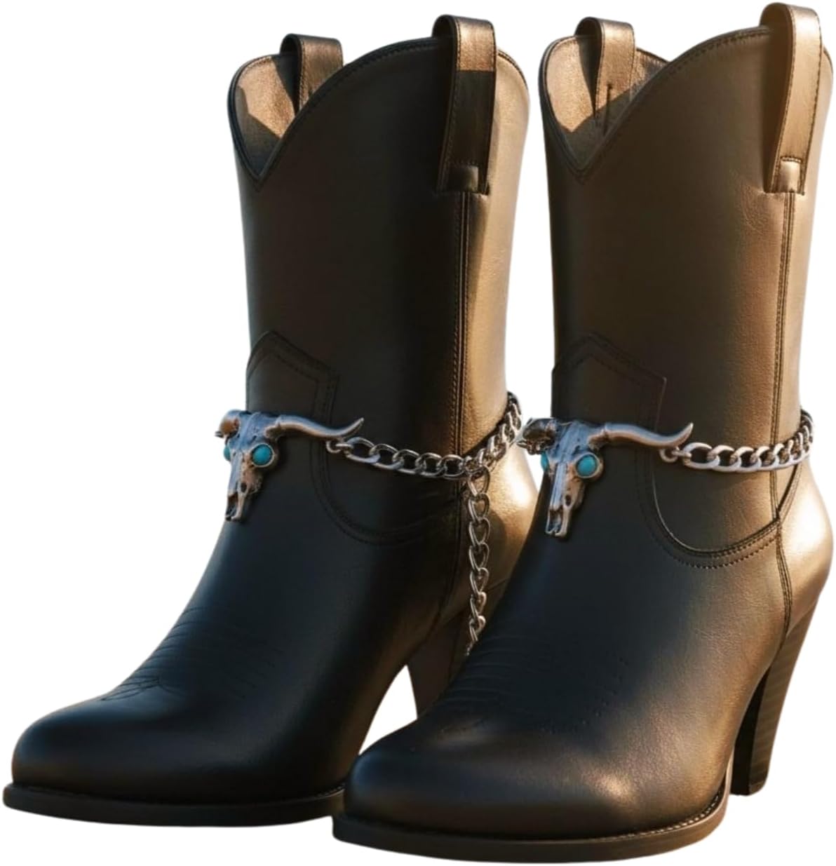 Trendy Fashion Jewelry Boot Chain Bracelet Set, 2PCS Silver-Tone Western Longhorn With Turquoise Eyes, Adjustable 11–15 in, Pair For Cowboy/Ankle Boots, Handmade In USA (BC32)