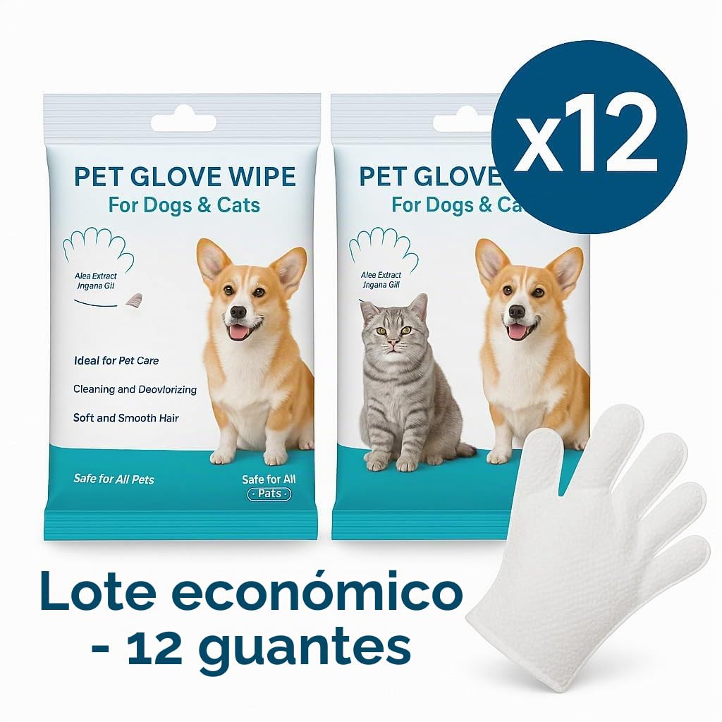Guantes de aseo desechables para perros, gatos y mascotas – Paquete de 12 | Guantes de lavado hipoalergénicos sin enjuague con aloe y jojoba | Limpian, desodorizan | Sin fragancia – forma de la mano