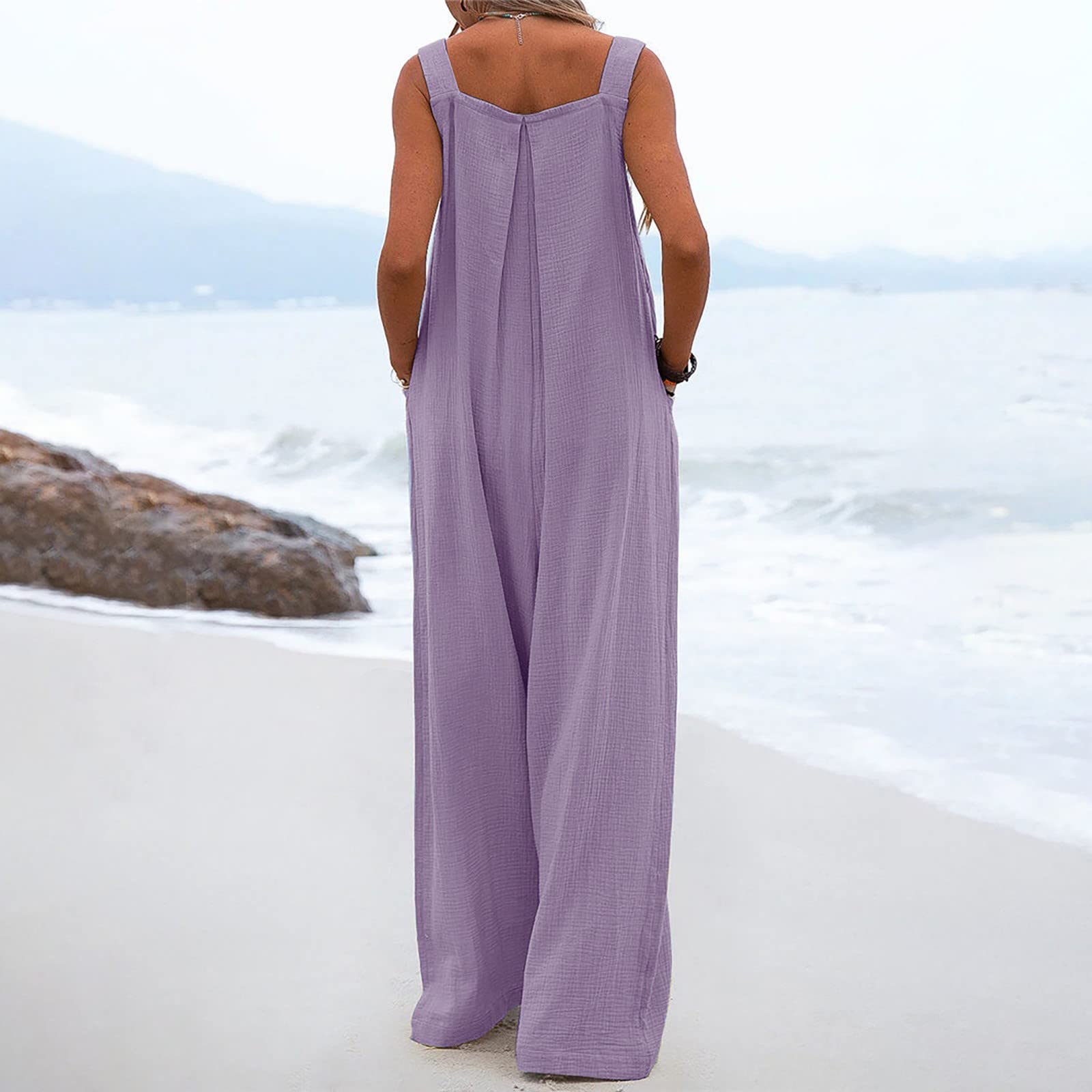 IQYU Tuta estiva da donna, leggera, estiva, lunga, a gamba larga, pantaloni estivi, eleganti e festivi, in stile vintage, pantaloni da spiaggia, salopette, grandi dimensioni, in lino, salopette in